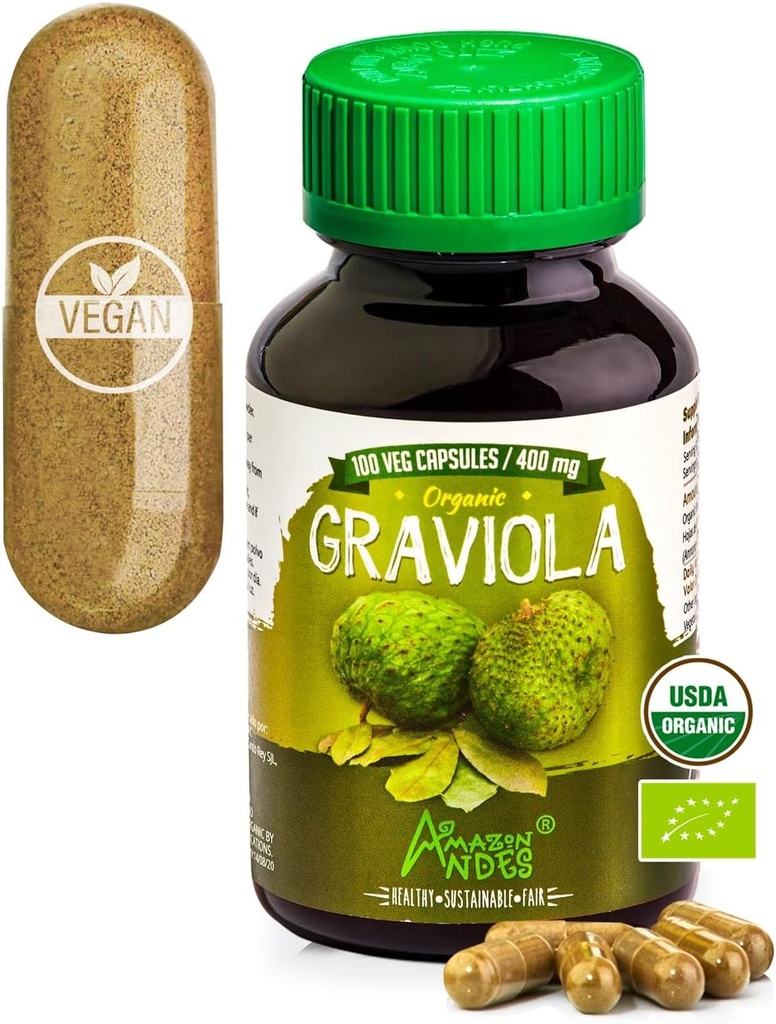 Andes Graviola Kapseln - Reich an Vitamin C & Fiber - Immunsystem Stimulator - Gesunde Zellfunktion - Vegan, Non GMO, Glutenfrei, Fairtrade Zertifiziert - 100 Soursop Pillen (400mg)
