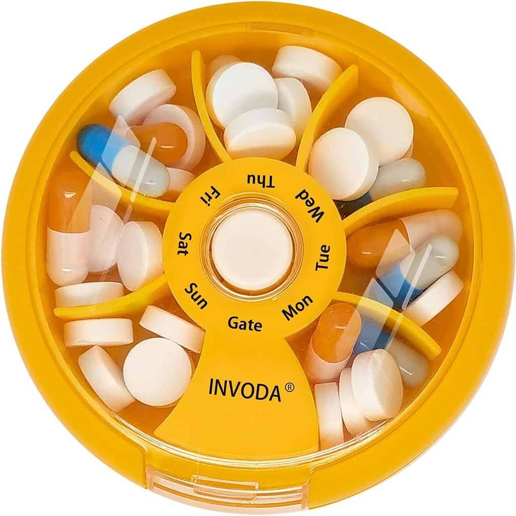 INVODA Wöchentliche Pille Organizer 7 Kompartment rotierende Pille Box für tägliche Medikamente & Vitamine - Tragbare Reise Pille Fall Fischöl ergänzt Vitamine Organizer (Orange)