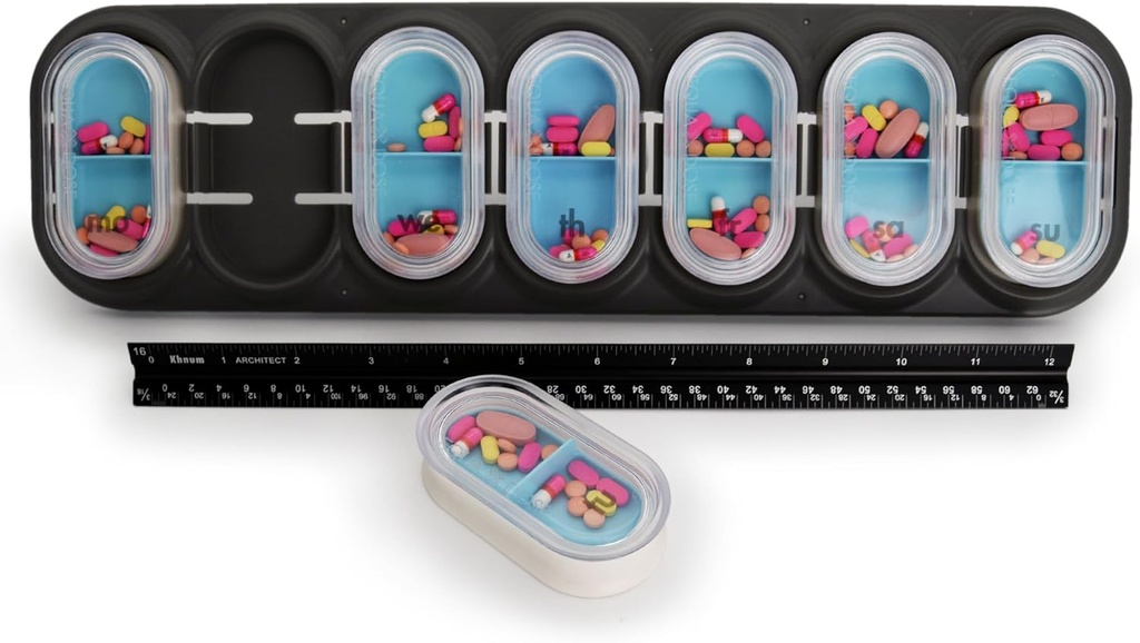 Organisateur hebdomadaire de pilules EQUADOSE, cas Jumbo Vitamine 7 jours extra grand avec des pods amovibles, porte-médicaments surdimensionnés pour un voyage facile et une gestion quotidienne de la santé, voyage amical