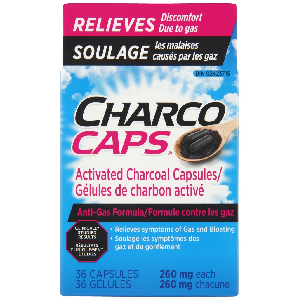 Anti-gaz – Formule de désintoxication du charbon activé à action rapide, dérivée naturellement, soulagement pour gaz, ballonnement et flatulence, 36 capsules, 260 mg chacune (paquet de 2)
