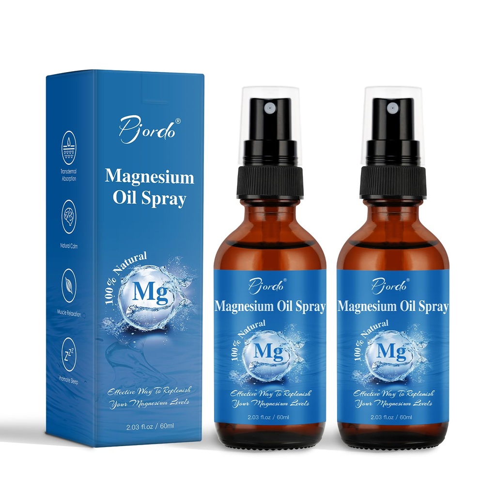 Pjordo 2 Pack Pure Magnesium Oil Spray, 100% Natural Ingredients for Caring Body, Topical Magnesium Spray for Feet & Sleep, Portable Bottle Design, Easy to Absorb and Use