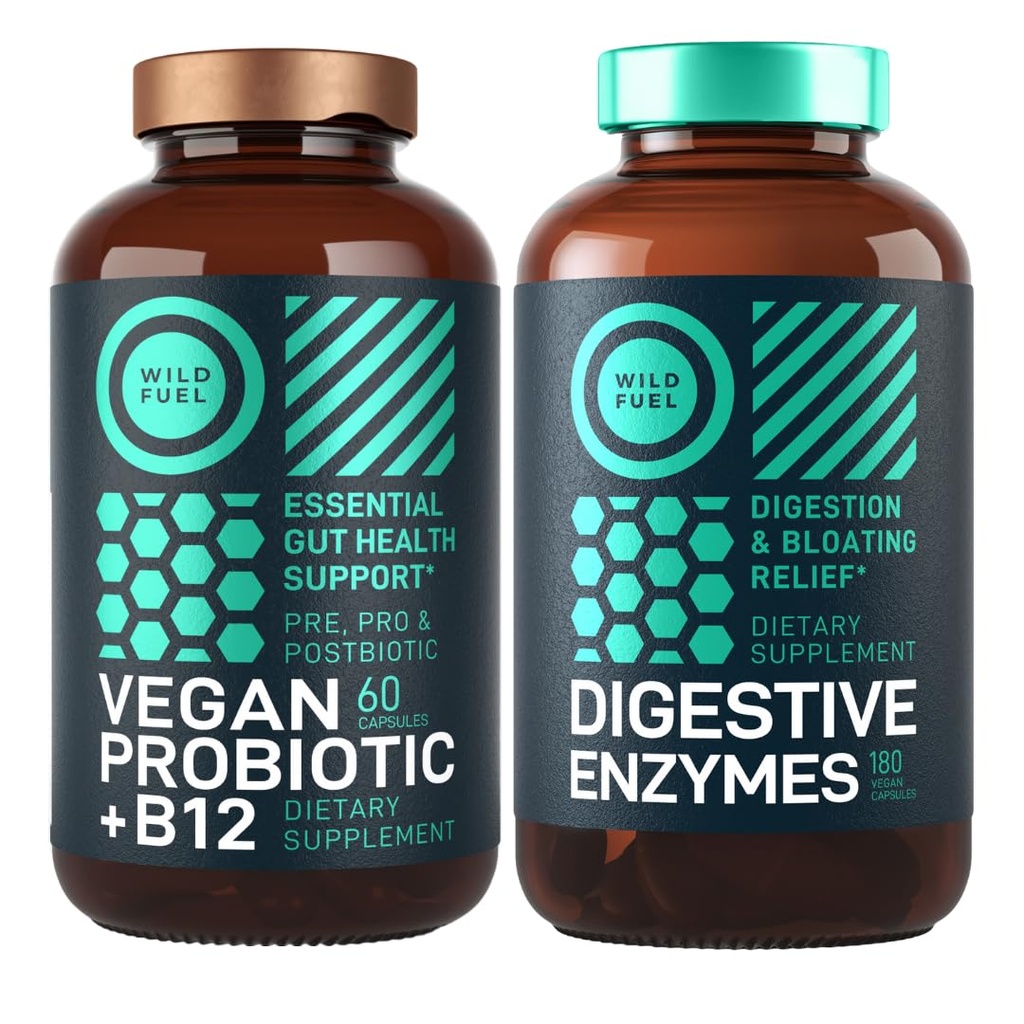 Verdauungsenzyme mit Probiotika und Präbiotika und Vegan Probiotic Plus B12 Enhanced Digestive und Gut Health Bundle