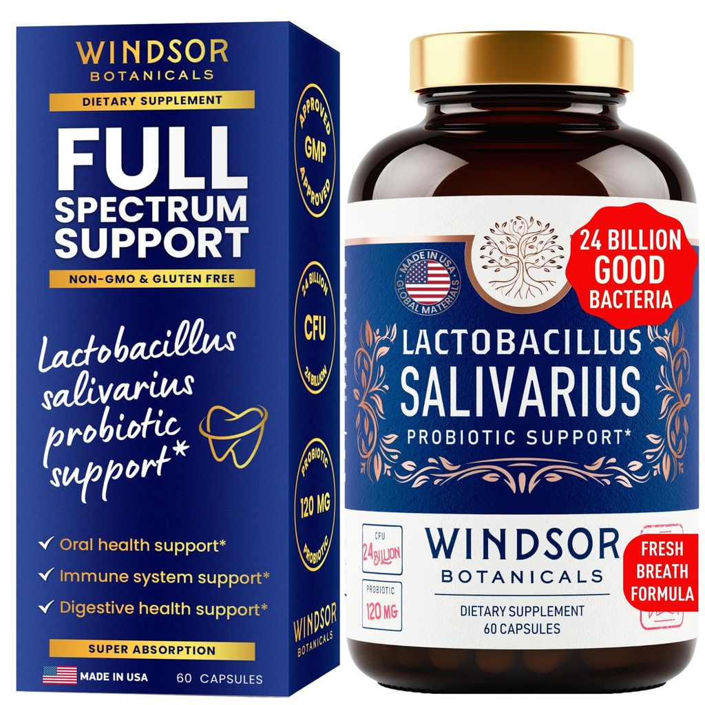 Lactobacillus Salivarius Probiotic - 24bn CFU L Salivarius Probiotics dentaires pour les dents et les gencives - Mauvais traitement respiratoire pour les adultes, soutien immunitaire, santé digestive - 60 capsules probiotiques orales