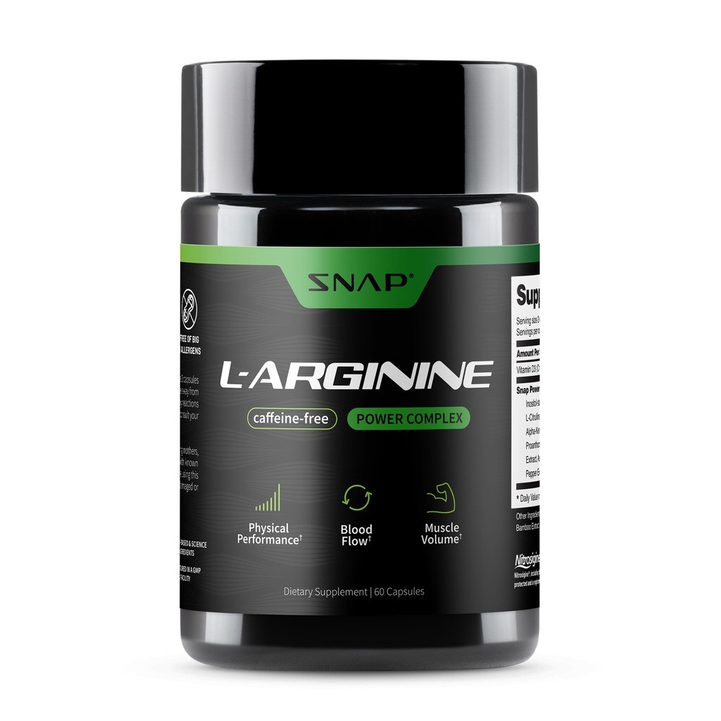 Snap Supplements L Arginine Kapseln - Unterstützt natürliche Energie, erhöhte Blutfluss & Muskelwachstum und Cardio Gesundheit, 60 vegetarische Kapseln (30 Servierungen, 1 Monat Versorgung)