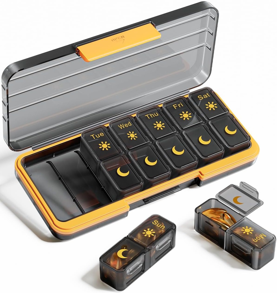 AM PM Pill Organizer 2 Mal A Day, 7 Tage Pille Box Wöchentliche Pille Organizer Reisen mit separaten Container, Portable Daily Medicine Planner Dispenser Fall für Vitamin, Fischöle, Ergänzungen (BlackGold)