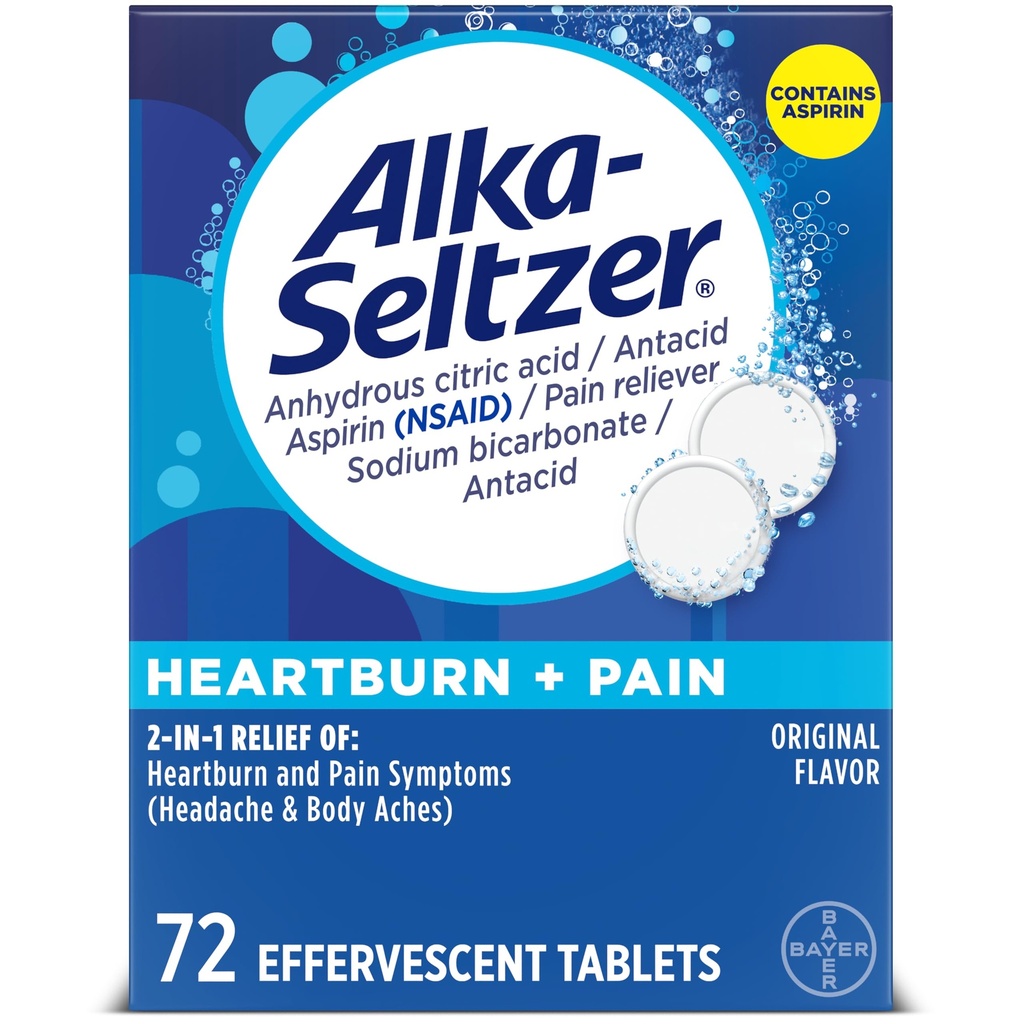 Alka-Seltzer Sodbrennen + Pain Effervescent Aspirin + Antacid Tabletten, Fast Sodbrennen Relief und Säure Verdauungshilfe, Schmerzlinderung mit Aspirin, 72 Ct