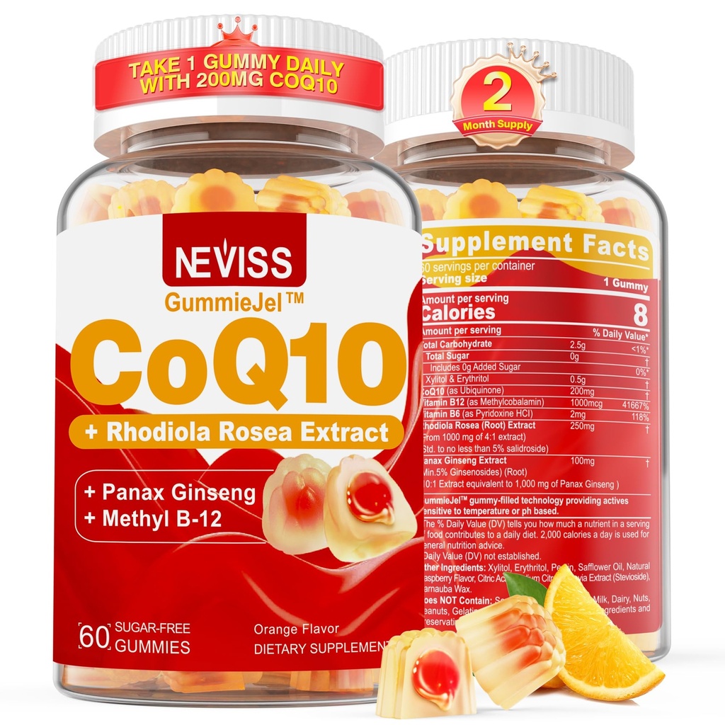 Sans sucre CoQ10-200mg 400mg Gommies remplies - 2 mois d'approvisionnement - w/ Vitamine B12 1000mcg, Rhodiola Rosea & Panax Ginseng, B6, Coenzyme Q10 Supplément pour Hear-t, Énergie, Antioxydant, Ultra Absorption