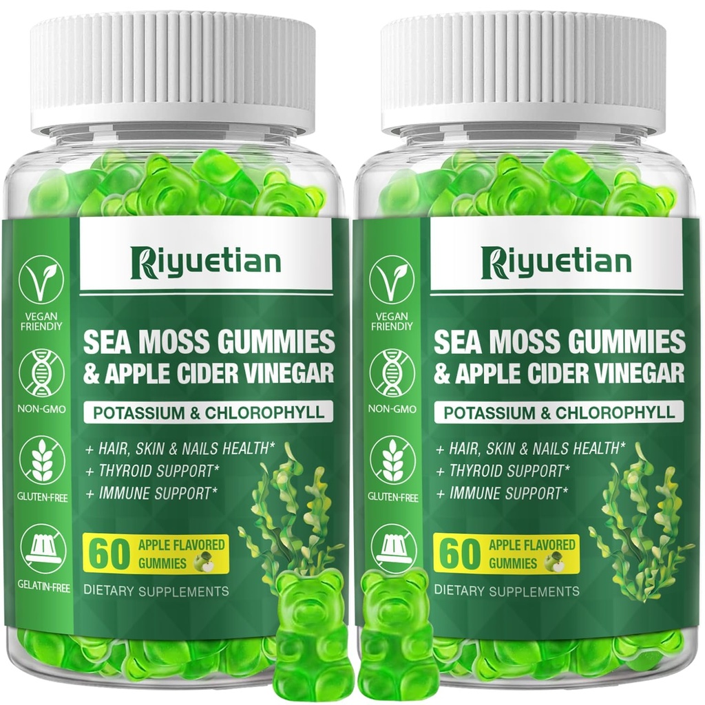 2 packs de mousse de mer Gummies - 120 Vegan Irish Moss Ours Gummy - Fabriqué avec gel de mousse de mer naturel et biologique, Bladderwrack & Burdock Root - Supplément Seamoss pour l'énergie, soutien immunitaire