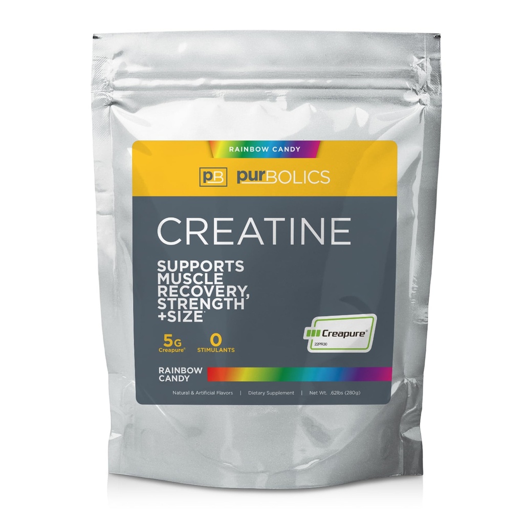 Purbolics Creapure Creatine Monohydrate, Micronized Creatine 5g, Elevate Workout Performance and Recovery, construire la force, améliorer les pompes (50 portions, Rainbow Candy)