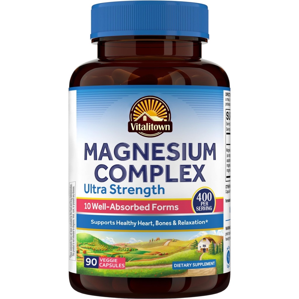 Vitalitown 10 in 1 Magnesium Complex Supplement - 400mg Elemental Magnesium Chelat mit Glycinat, Citrate, Malate, Taurate & More - für Schlafherz Energie - Non-GMO, Vegan, 90 Caps