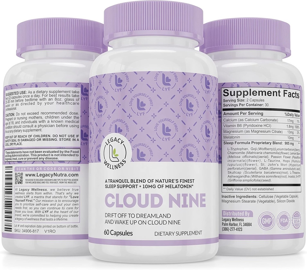 Cloud 9 - All Natural Sleep Aid Supplement - Relaxing Vitamin & Kräuterformel - 10mg Melatonin Calcium Magnisium L-Theanine 5-HTP GABA St. John's Wort Ashwagandha Kamille & More 60 Vegan Kapseln