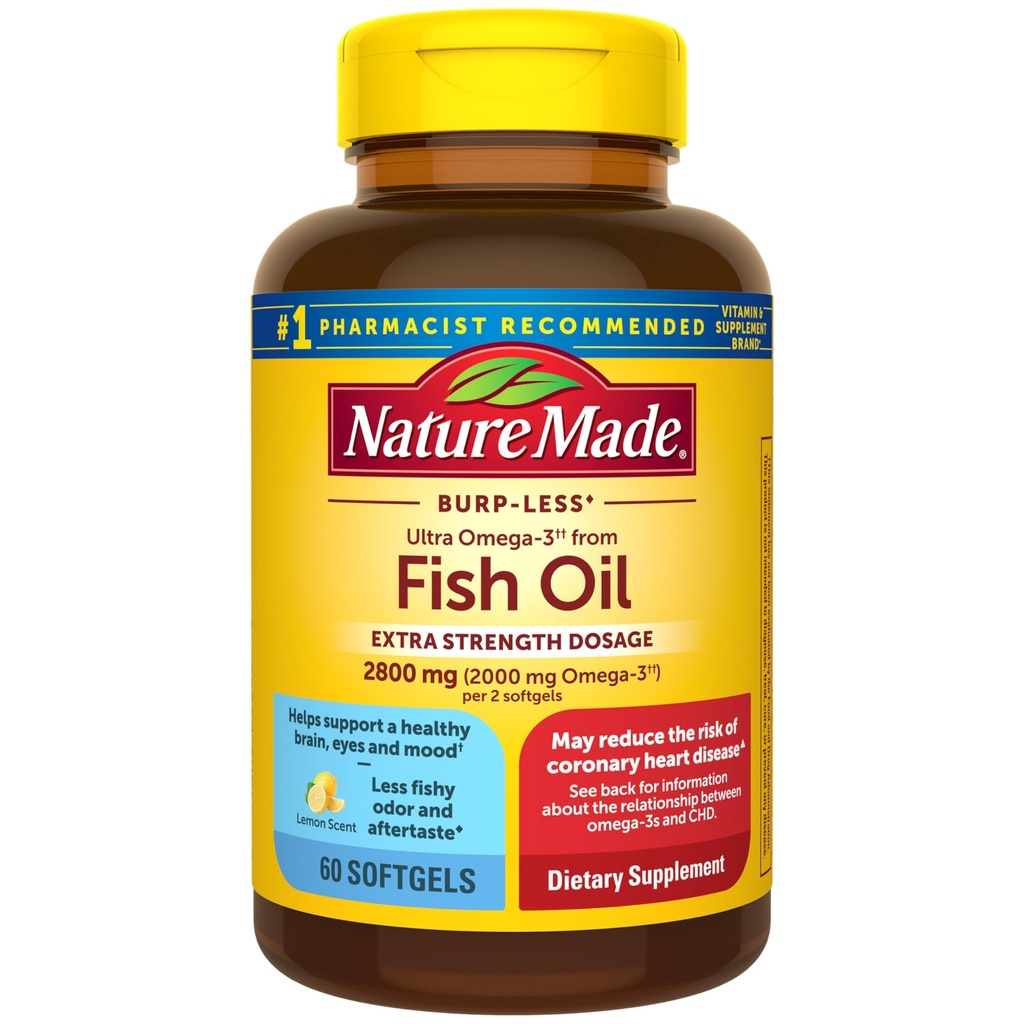 Nature Made Extra Strength Omega 3 Suppléments à l'huile de poisson, 2800mg, huile de poisson Omega 3 Suppléments comme esters d'éthyle pour le coeur sain, cerveau, yeux, soutien de l'humeur, 60 Softgels, 30 jours d'approvisionnement