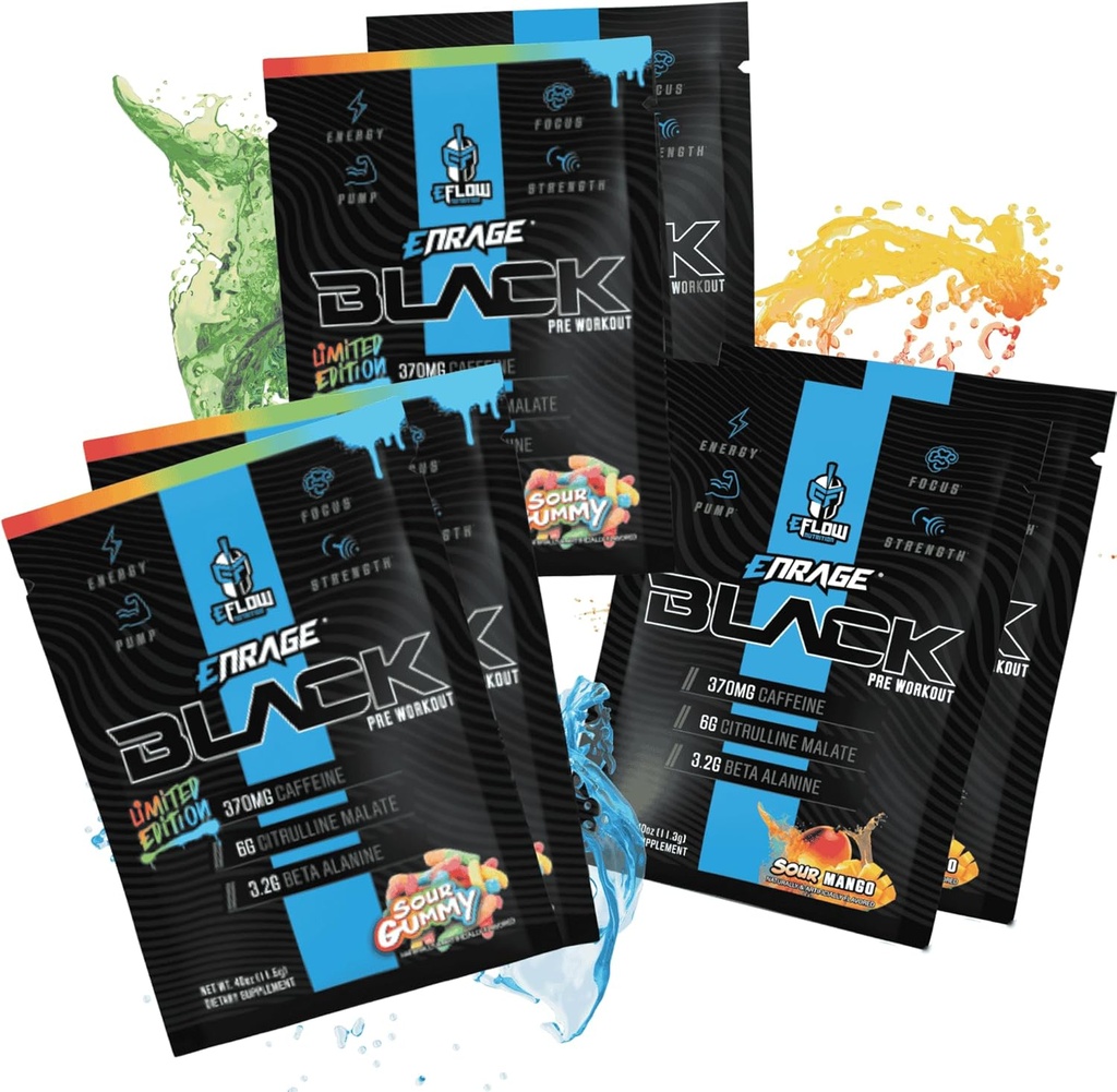 EFlow Nutrition ENRAGE Black Preworkout Packs d'échantillons - Packs de voyage - Haute énergie Stim, pompe, résistance, endurance, focus, formule nootropique - Sour Gummy & Sour Mango Flavor (6 packs)