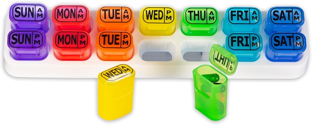 GMS Weekly Pill Organizer - 7 Tage AM/PM Pop Out Pillen Pods für Nahrungsergänzungsmittel, Vitamine & Medikamente - Ideal für den täglichen Gebrauch &amp; Reisen - Regenbogen