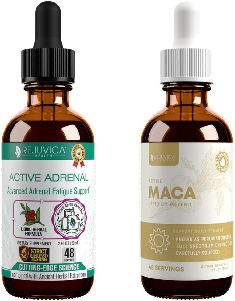 Rejuvica Health Active Adrenal + Active Maca - Unterstützung von Energie + Stress - Flüssige Lieferung für bessere Absorption - Rhodiola, Maca, Heilige Basilikum, Ashwagandha &amp; mehr!