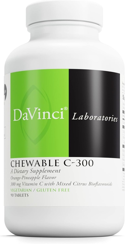 DaVinci Labs Chewable C-300 - Supplément pour soutenir la santé immunitaire, le cholestérol et la production de collagène - avec la vitamine C, la pectine et plus - Sans gluten - Arôme d'ananas orange - 90 comprimés végétariens