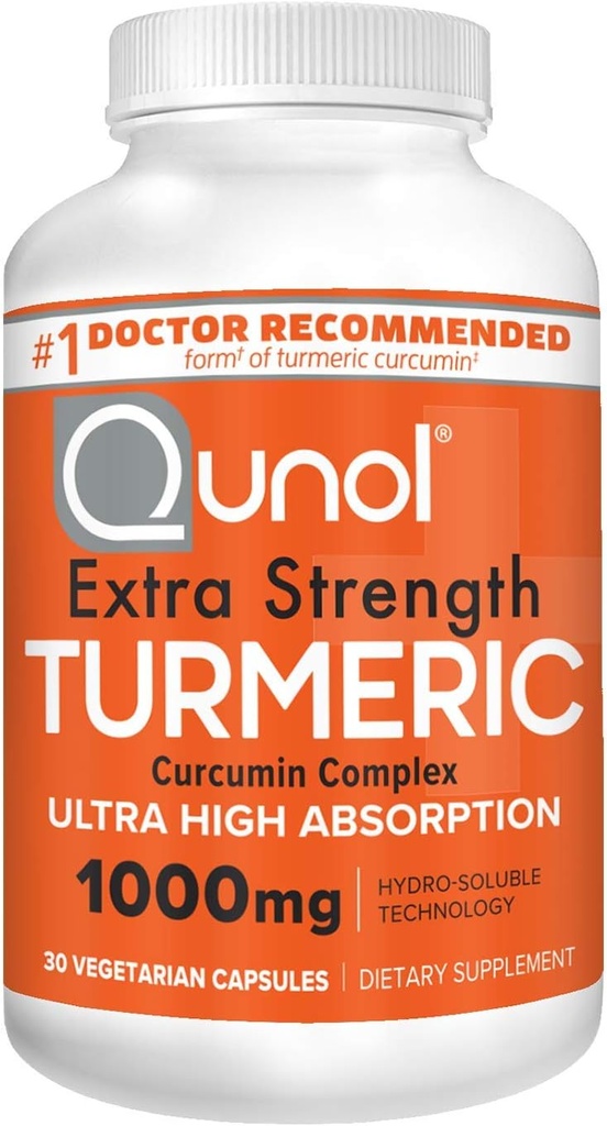 Capsules de Curcumine Turmère Qunol, 1000mg Supplément Extra Strength, Technologie brevetée Hydro-Soluble, Alternative au Curcumine Turmère avec Pepper Noir, 30 Capsules Veggie