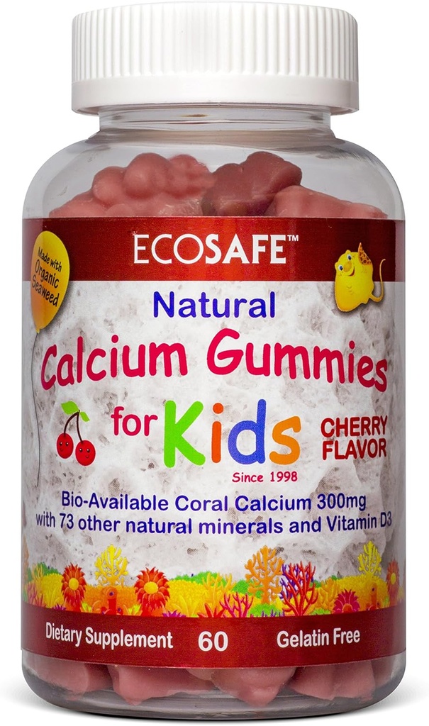 ECO SAFE Coral Calcium Vitamin D3 Kids Gummy, Natürliche Kirsche Geschmack, Non GMO, Glutenfrei, Dairy-frei, Soja-frei und Gelatin frei - 300 mg Calcium, und 800 IU Vitamin D3-60 Gummi (2 Pack)