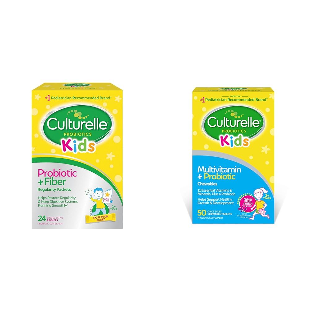Culturelle Kids Probiotic + Fiber Packets (Ages 3+) - 24 Count - Digestive Health & Immune Support & Kids Complete Chewable Multivitamin + Probiotic for Kids, Ages 3+, 50 Count