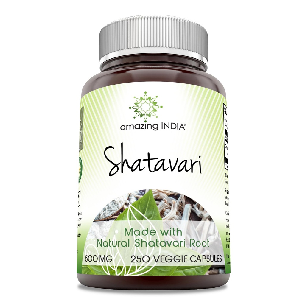 Amazing India Natural Shatavari 500 Mg par portion 250 Capsules Veggie Supplément