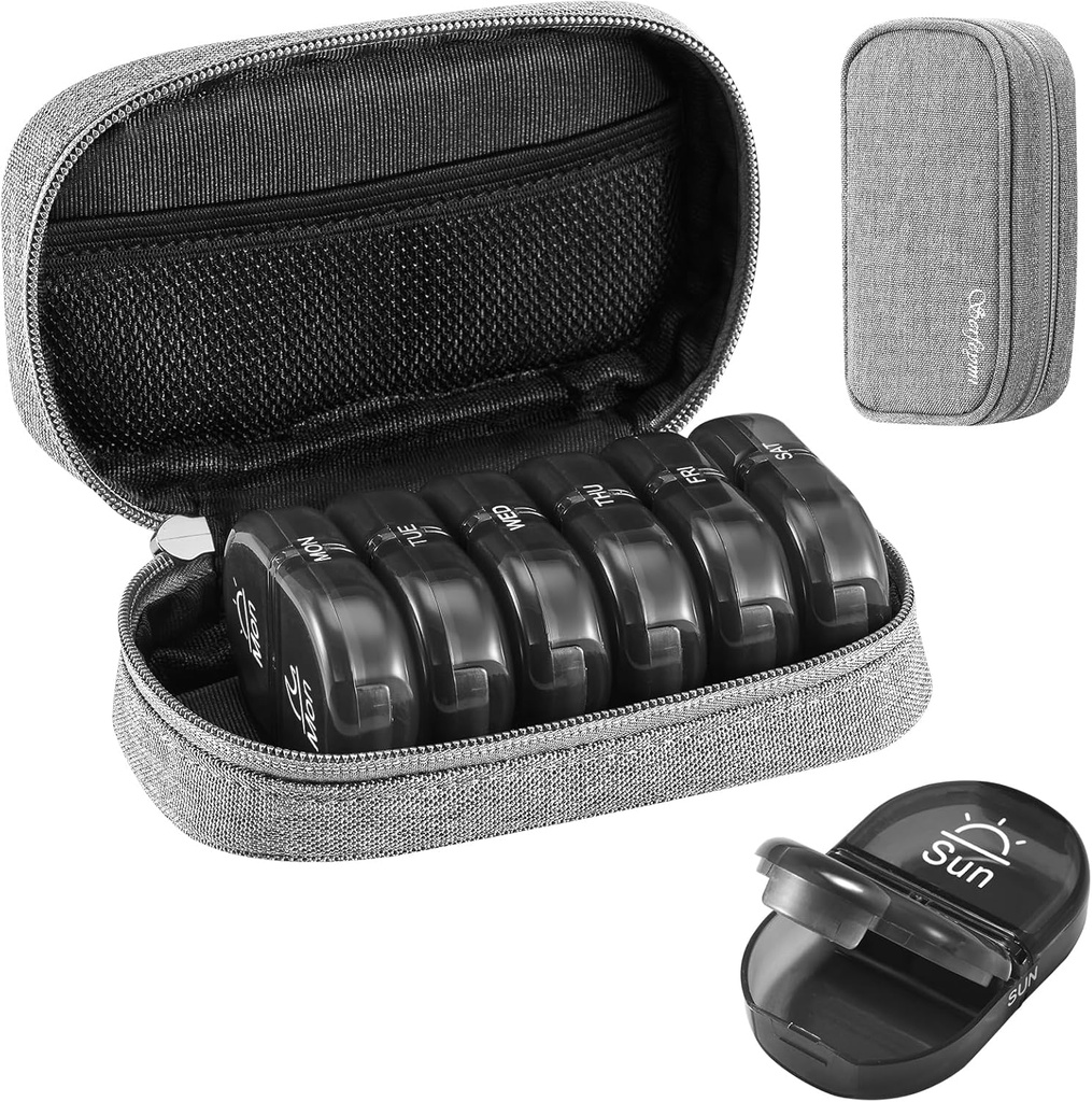 Serfeymi Weekly Travel Pill Organizer 2 Mal A Day AM Upgraded Black Pill Box 7 Tage mit tragbaren Reißverschluss Canvas Pill Case, Medizin Organizer für Pillen, Vitamine, Nahrungsergänzungsmittel, Fischöle - Grau 01