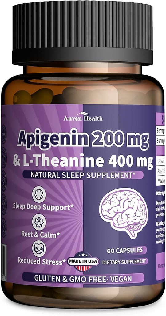 400mg L-Theanine mit 200mg Apigenin Ergänzung für Schlaf-Natural Relaxation & Stress Relief - Glutenfrei,Non-GMO, Zero Fillers - Made in USA | 60 Veggie Capsules