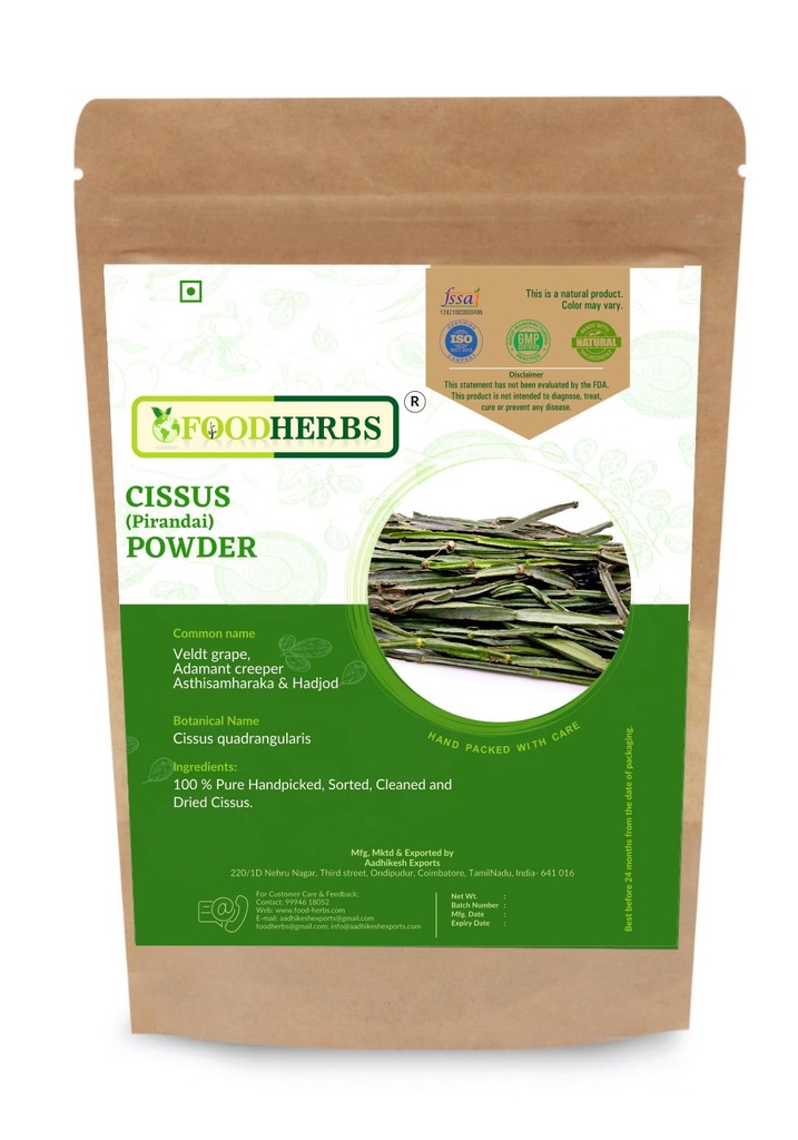 Foodherbs Cissus Quadrangularis Pulver | 200 GMS / 0.44 Lbs | für Knochen Wellness | Hadjod | Pirandai | Veldt Grape | Adamant Creeper