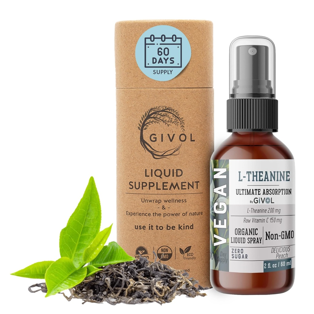 200mg L-Theanine & 150mg Vitamine C Vaporisateur liquide pour enfants et adultes - Real Peach Extract Saveur - Non-OGM, sans gluten, sans sucre, sans alcool, tout naturel - 2 Fl Oz 60 jours d'approvisionnement