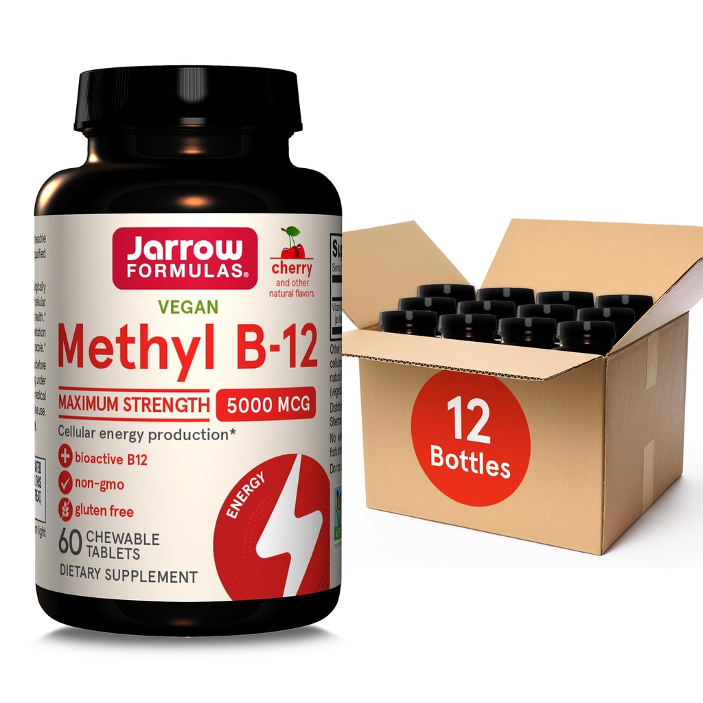 Formules de Jarrow Concentration maximale de méthyle B-12 5000 mcg, Supplément alimentaire pour la production d'énergie cellulaire et le soutien de la santé cérébrale, 60 comprimés à croquer aromatisés à la cerise, 60 jours d'approvisionnement, pack de 12