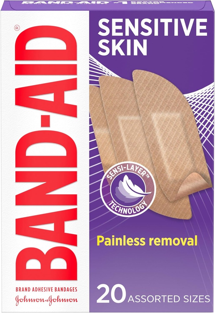Band-Aid Brand Adhesive Bandagen für empfindliche Haut, Allergische Erste Hilfe Bandagen mit schmerzloser Entfernung, Aufenthalt auf Wann Nass & Geeignet für Eczema Prone Skin, Steril, sortiert, 20 ct