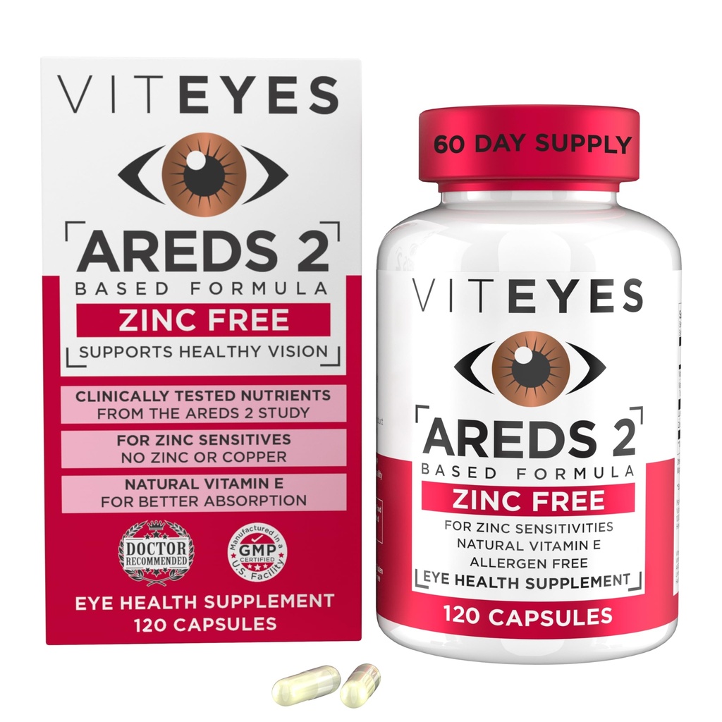Viteyes AREDS 2 Zinkfreie Macular-Unterstützung, natürliche allergenfreie Kapseln mit Vitamin E, Vitamin C, Lutein & Zeaxanthin, No Zink, No Kupfer, Eye Doctor Trusted, Hergestellt in den USA, 120 Ct