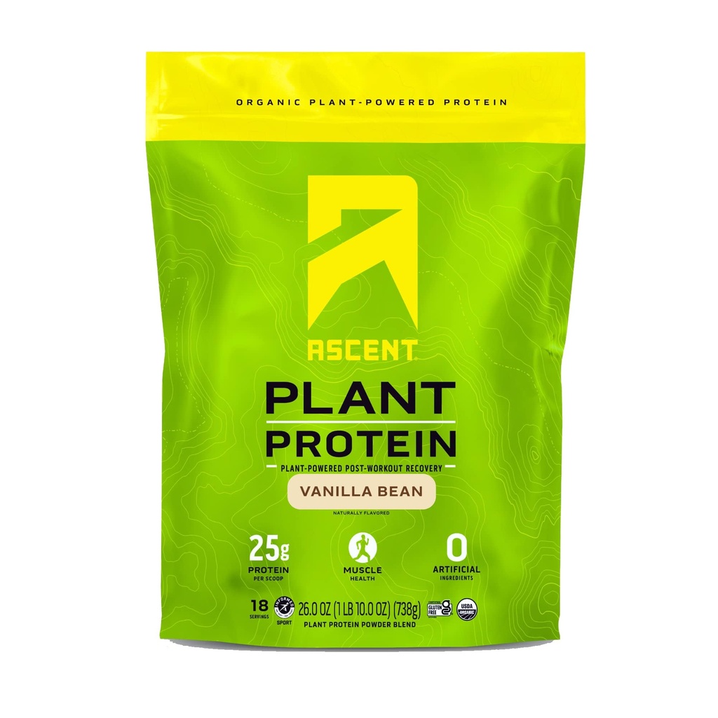Ascent Plant Based Protein Powder - Non Dairy Vegan Protein, Zero Artificial Ingredients, Soy & Gluten Free, No Added Sugar, 4g BCAA, 2g Leucine - Vanilla, 20 Servings