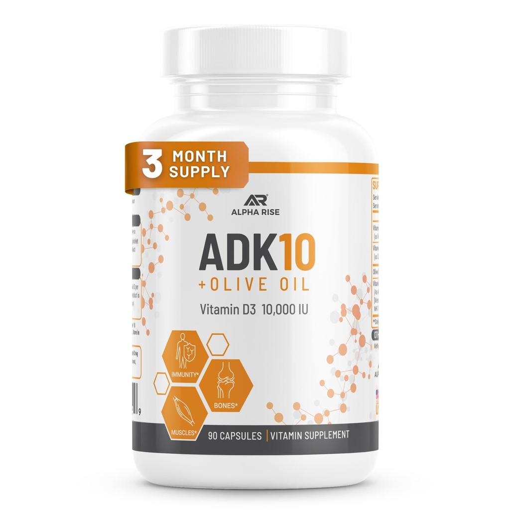 ADK 10 Vitaminergänzung + Olivenöl für bessere Absorption - mit Vitaminen A + D3 (10.000 iu) + K2 (MK7+MK4) - 90 Kapseln - Vegetarisch - Non-GMO