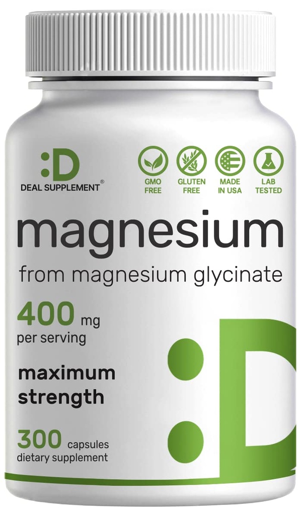 Magnésium Glycinate 400mg, 300 capsules 100% Chélaté pour Absorption Facile.