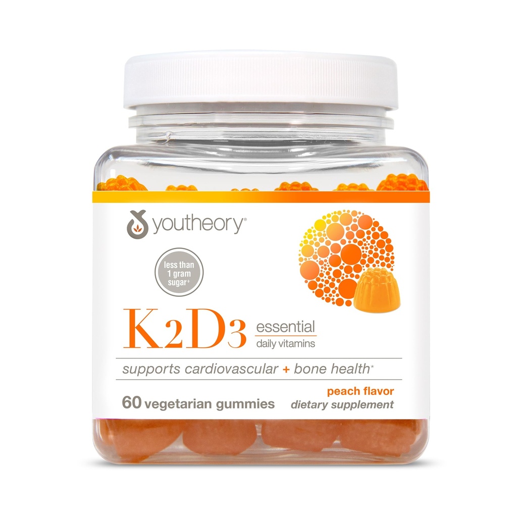 Youtheory K2D3 - Knochen- und Herzgesundheitsunterstützung* - Kombiniert Vitamin D3 & Vitamin K2 - Milch, Soja & Glutenfrei - Pfirsich, 60 Vegetarische Gummier