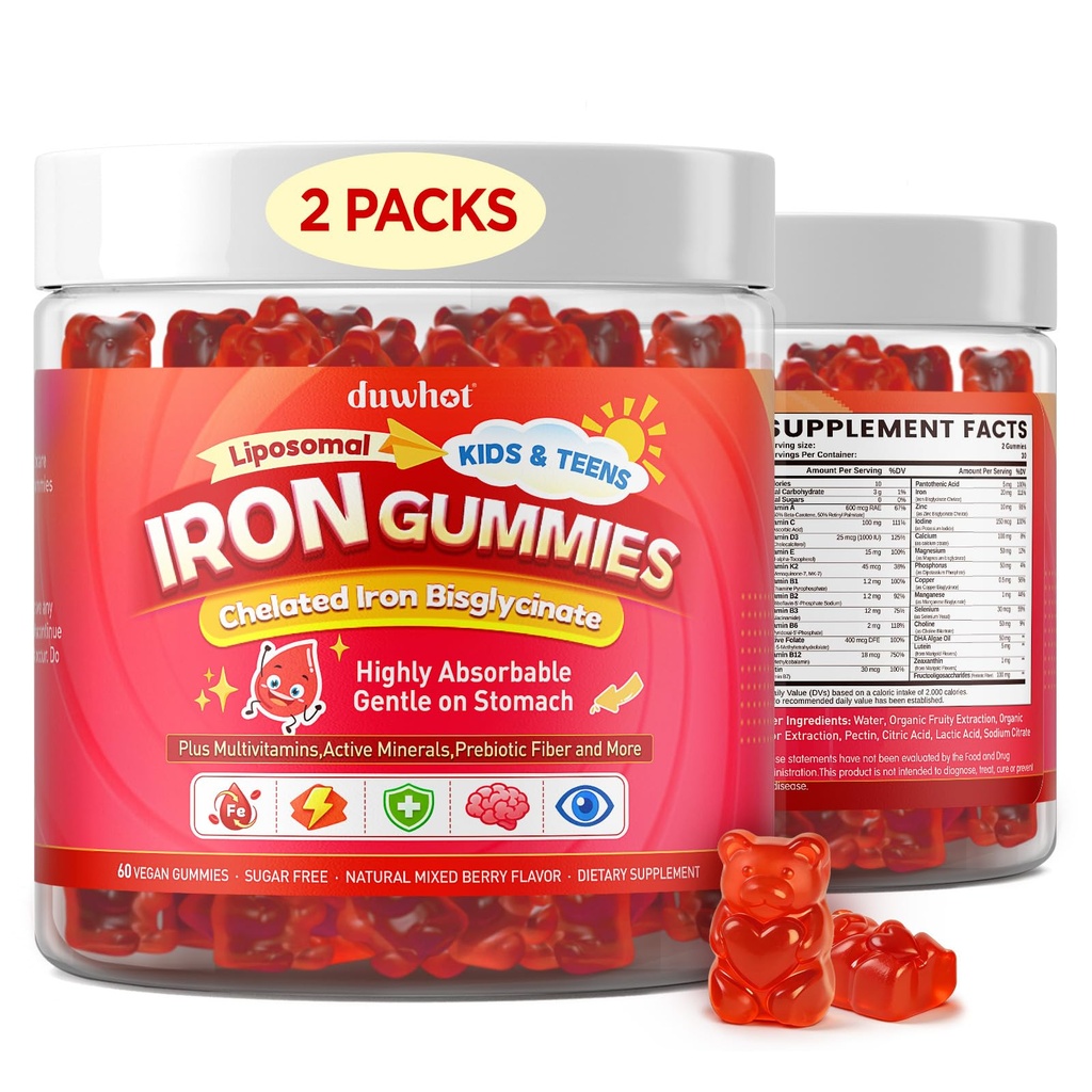 duwhot Iron Gummies for Kids Teens, Gentle Iron Bisglycinate with Vitamin C | Chewable Iron Supplement plus Multivitamins, Minerals & More, Energy, Immunity & Blood Support, Sugar Free, Vegan,120 Chews
