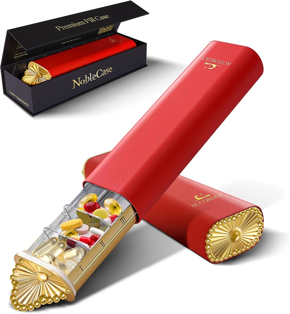 Organisateur de pilules hebdomadaires Premium, étui de pilules compactes de 7 jours pour la purse, boîte à pilules en aluminium d'or léger pour les vitamines, la médecine, les suppléments, cadeau de bien-être de luxe
