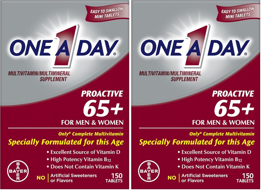 ONE A DAY Proactive 65+, Mens & Womens Multivitamin, Nahrungsergänzung mit Vitamin A, Vitamin C, Vitamin D und Zink für Immungesundheitsunterstützung*, Calcium, Folsäure &amp; mehr, Tablet 150 Count (Pack mit 2)