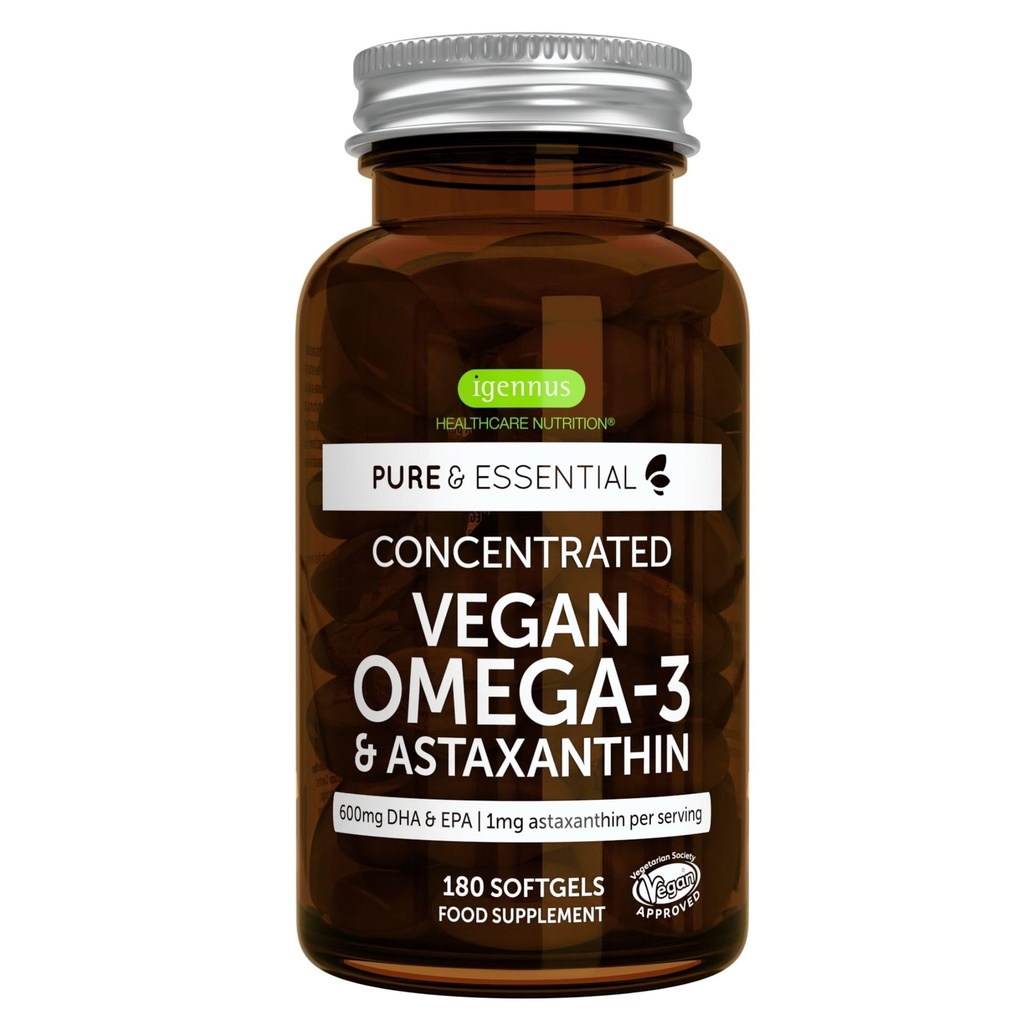 Igennus Vegan Omega-3 natürliches Triglycerid Algenöl, DHA & EPA-Fettsäure-Ergänzung, 180 kleine Softgele mit Astaxanthin, Easy-to-Swallow, Pure & Sustainable, 90 Portionen