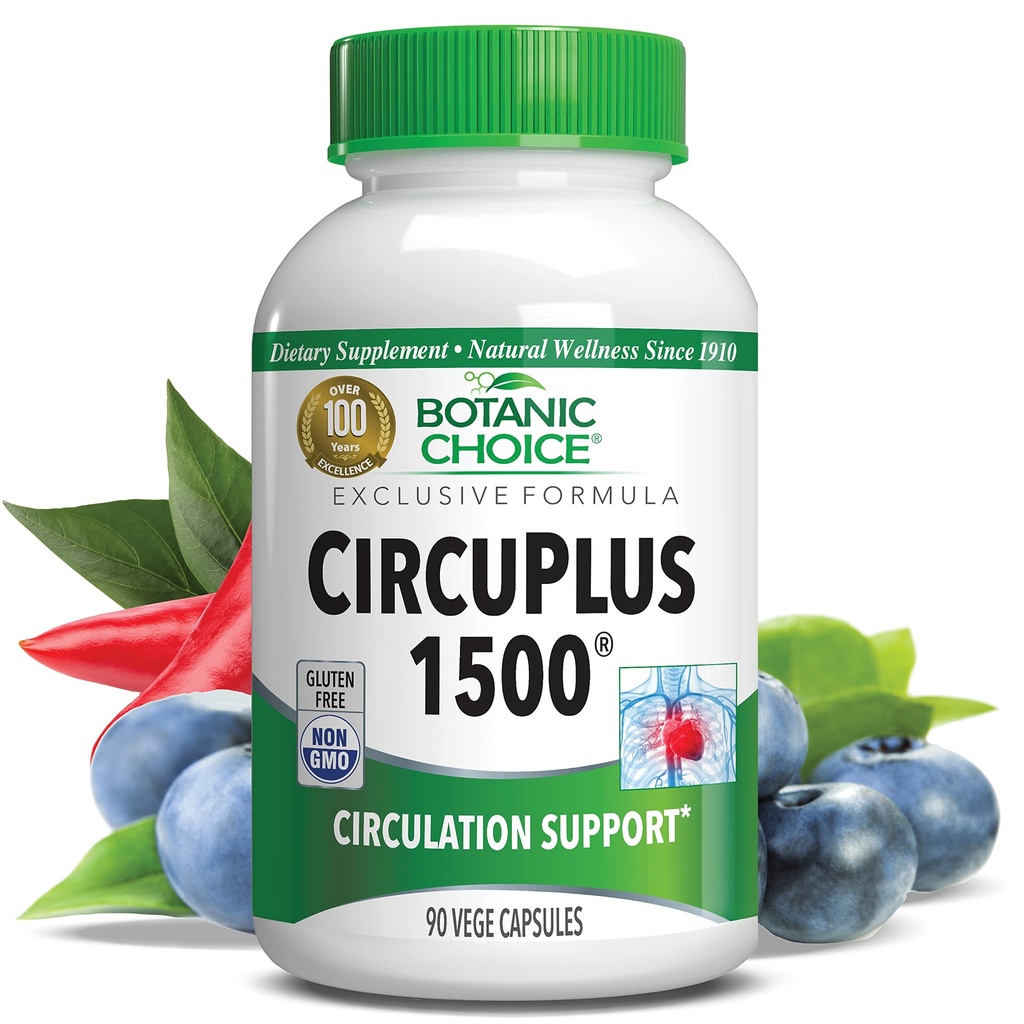 Botanic Choice CircuPlus 1500 - Supplément pour la santé cardiaque et la circulation et le soutien de la veine - Vitamine B1, Cayenne Pepper, Hawthorn, Ginkgo Biloba pour adultes hommes et femmes (90 capsules)