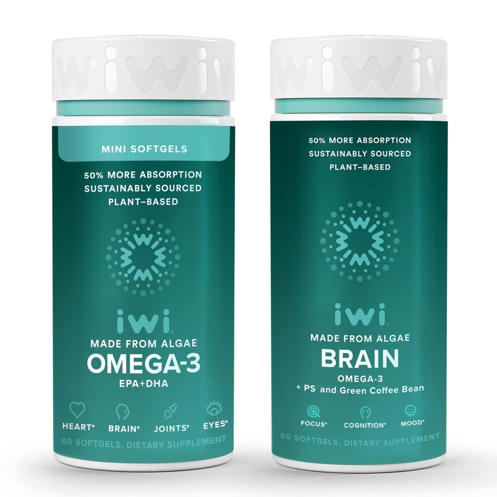 Iwi Omega-3 Minis & Cerveau Omega-3 Bundle, 30 portions, Algae Omega 3 à base végétale végétalienne avec EPA + DHA, Krill & Fish Oil Alternative, Aucun arrière-goût de poisson