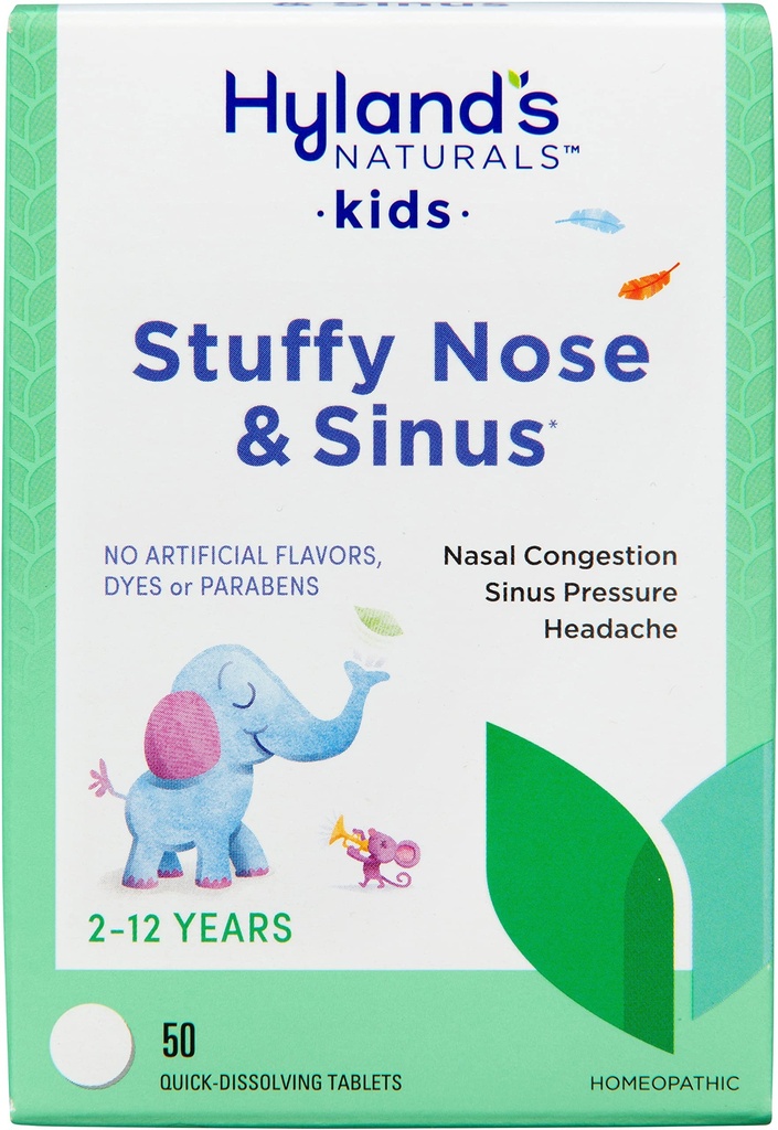Hyland's Kids Stuffy Nose und Sinus Tablets, Kalte Medizin für Kinder Alter 2 und oben, Kopfschmerzen Relief und Nasal Decongestant, Schnell lösen Tabletten, 50 Zähler