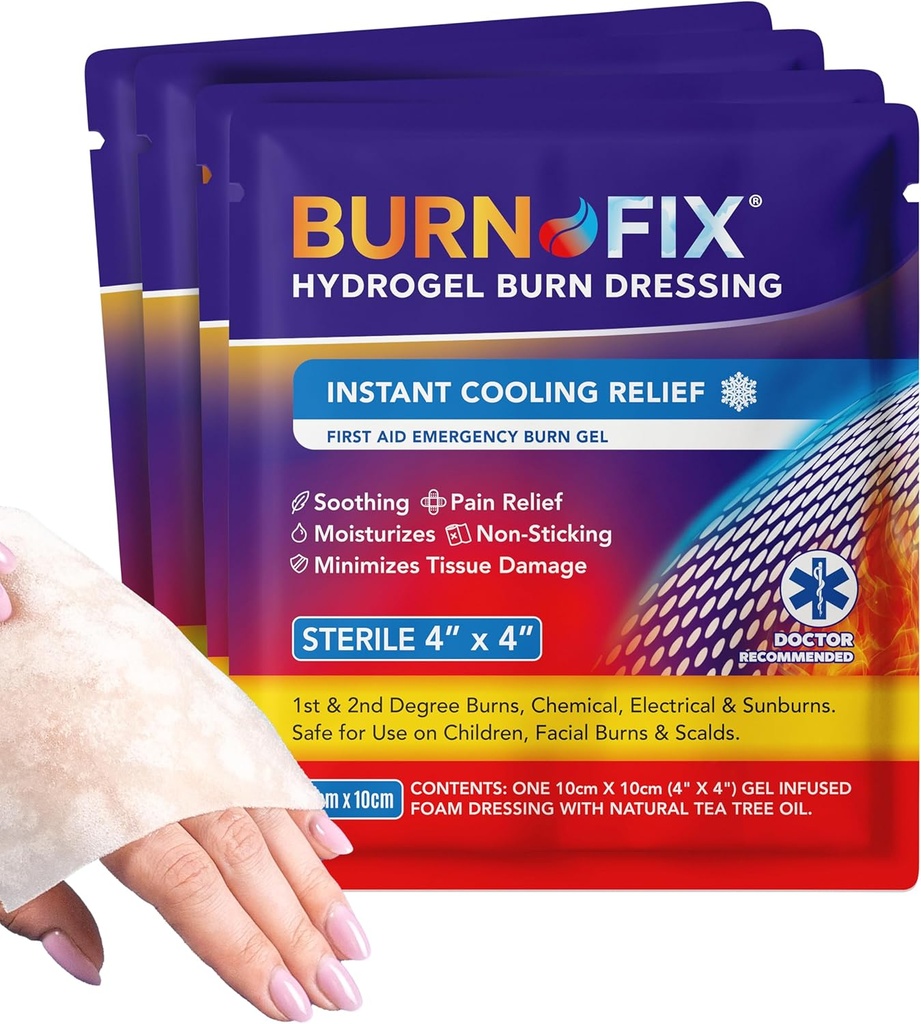 BurnFix® - 4 Pack-Burn Gel Dressing 4 x 4" Burn Care Cream Erste Hilfe Behandlung. Sofort Schmerz Relief Hydrogel Burn Dressing für 1., 2. Grad Burns, Razor & Sunburns für Zuhause, Arbeit, Feuer, EMS