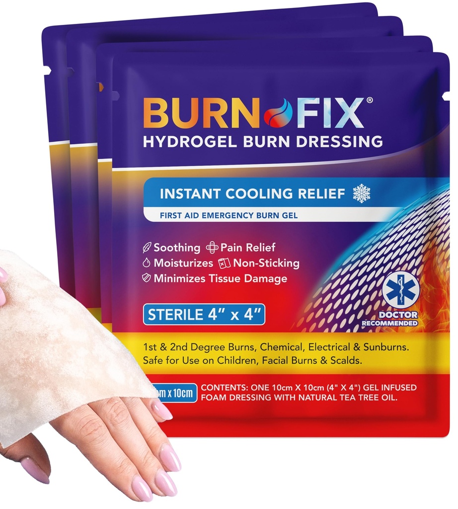BurnFix® - Dégustation en Gel 4 x 4" Crème de soins de brûlure Traitement de premiers soins. Soulagement immédiat de la douleur Hydrogel Burn Habillage pour les brûlures au 1er, 2e degré, Razor et Sunburns pour la maison, le travail, le feu, EMS