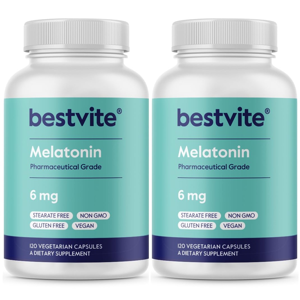 BESTVITE Melatonine 6mg (240 gélules végétariennes) (120 x 2) - Pas de stéarates - Vegan - Non OGM - Sans gluten