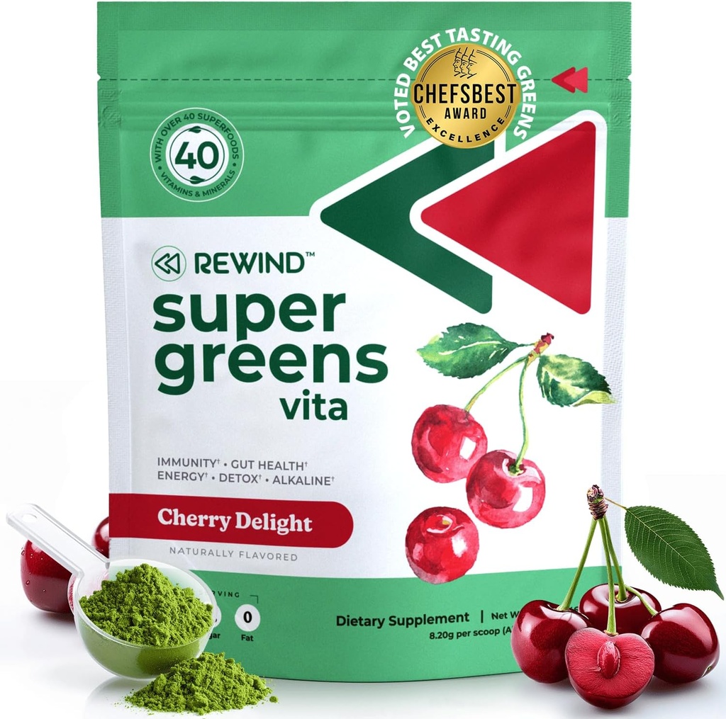 Best Tasting Super Greens Powder mit 40+ Superfoods – Delicious Daily Green Powder mit Vitamin B12, Zink, Vitamin C, Magnesium & Calcium – Green Juice Superfood Mix - Cherry Flavor