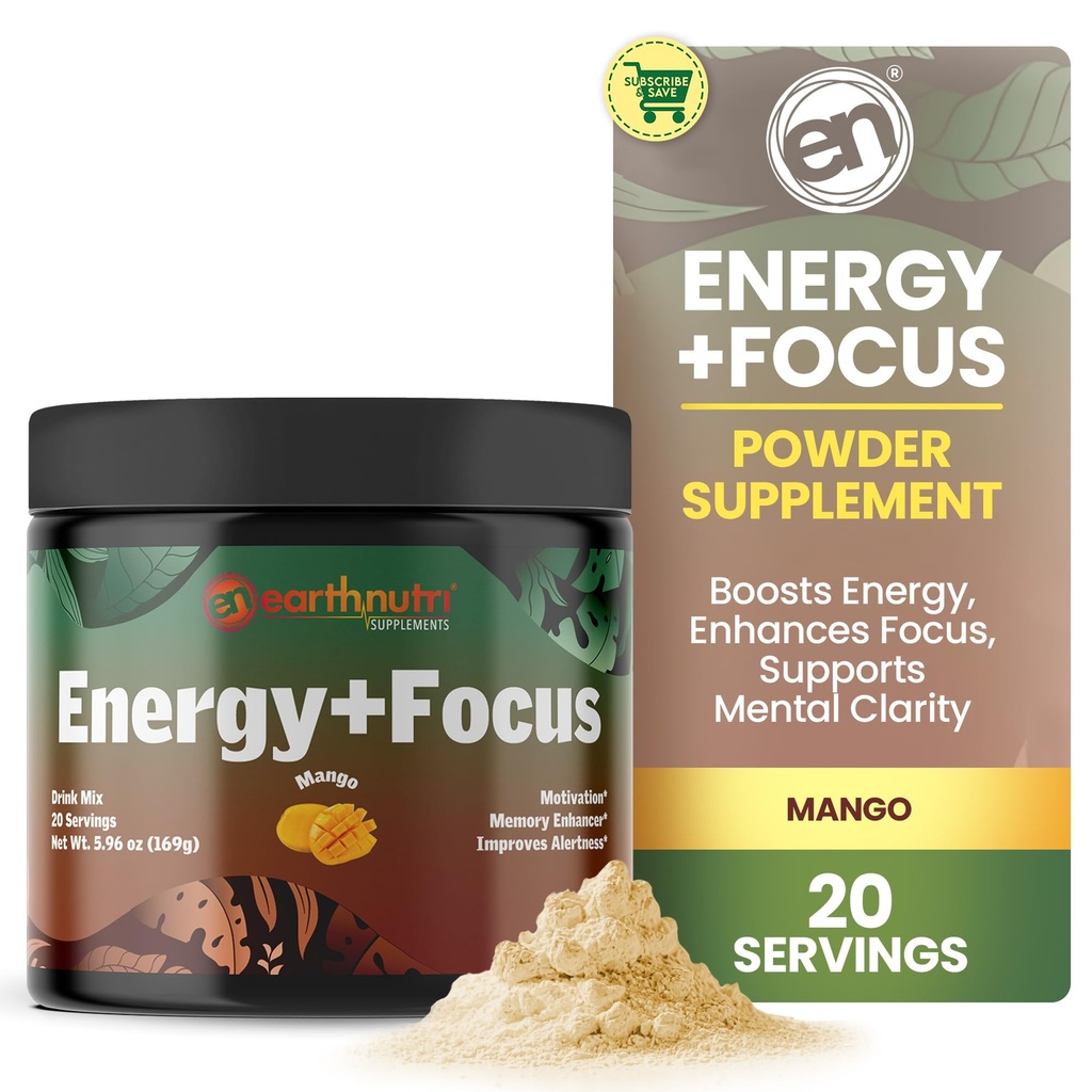EarthNutri Energy + Focus Powder Supplement - Energy Boost & Hilft Konzentration mit PeakO2, AlphaSize, Cognizin, PurCaf, Theacrine, Acetyl L-Carnitine L-Tyrosine – Mango Flavor - 20 Portionen (171g)