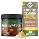 EarthNutri Energy + Focus Powder Supplement - Energy Boost & Aide à la concentration avec PeakO2, AlphaSize, Cognizin, PurCaf, Theacrine, acétyl L-Carnitine L-Tyrosine – Mango Flavor - 20 portions (171g)