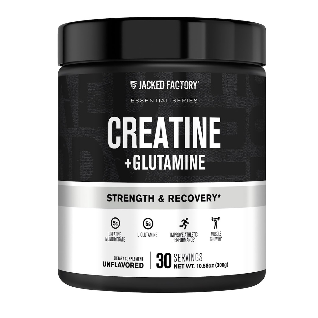 La créatine d'usine de Jacked + la glutamine - supplément de la créatine avec la L-glutamine pour la récupération musculaire, la croissance musculaire, la force accrue, la production d'énergie améliorée et la santé des intestins - 30 portions, non aromatisées