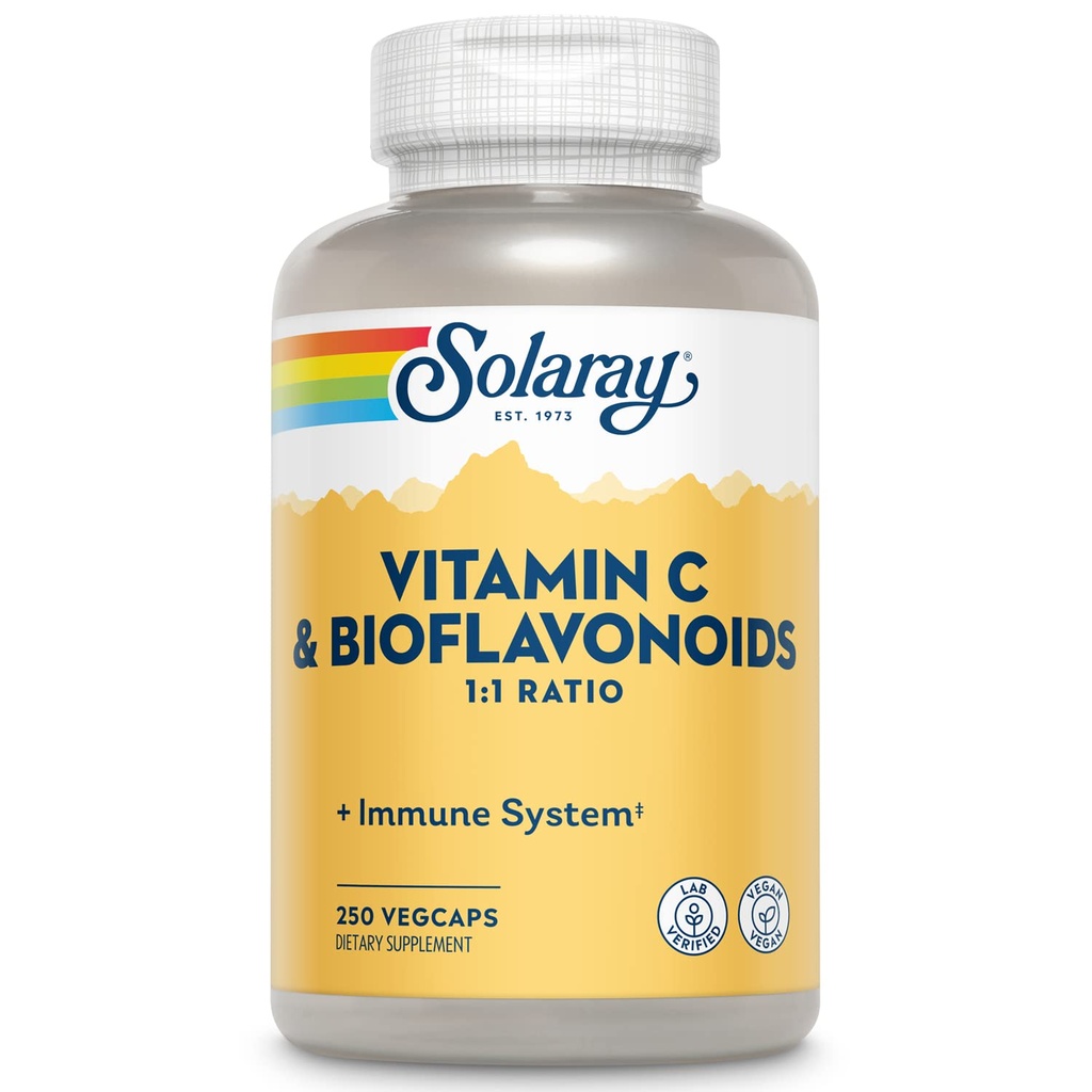 SOLARAY Vitamine C 500mg avec agrumes bioflavonoïdes, rapport 1:1 - Antioxydant et supplément de soutien immunitaire - Vitamine C avec rose HIPS et Acerola, végétalien, garantie de 60 jours, 125 portions, 250 VegCaps